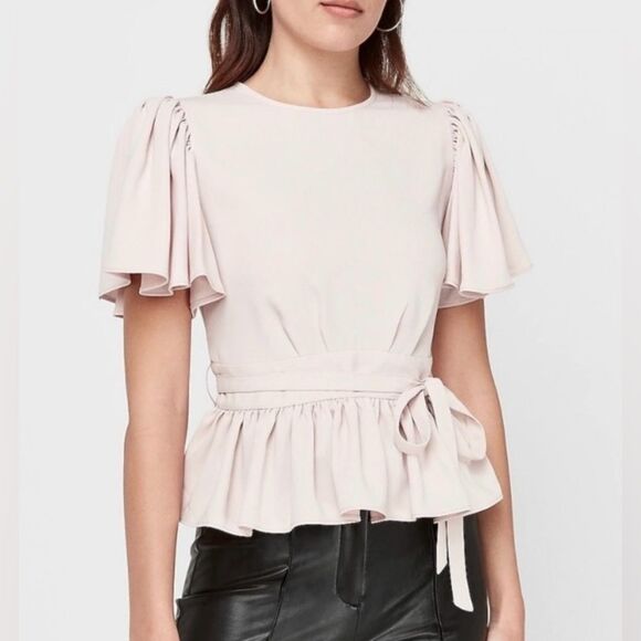 EXPRESS Pale Pink Flutter Sleeve Belted Peplum Blouse - Picture 1 of 10